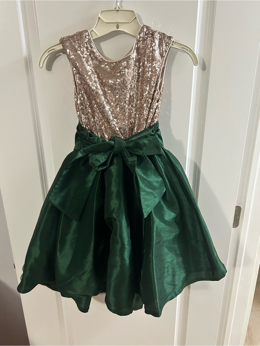 Pippa & Julie Rose Gold Sequin Bodice Green Satin Bow Party Dress